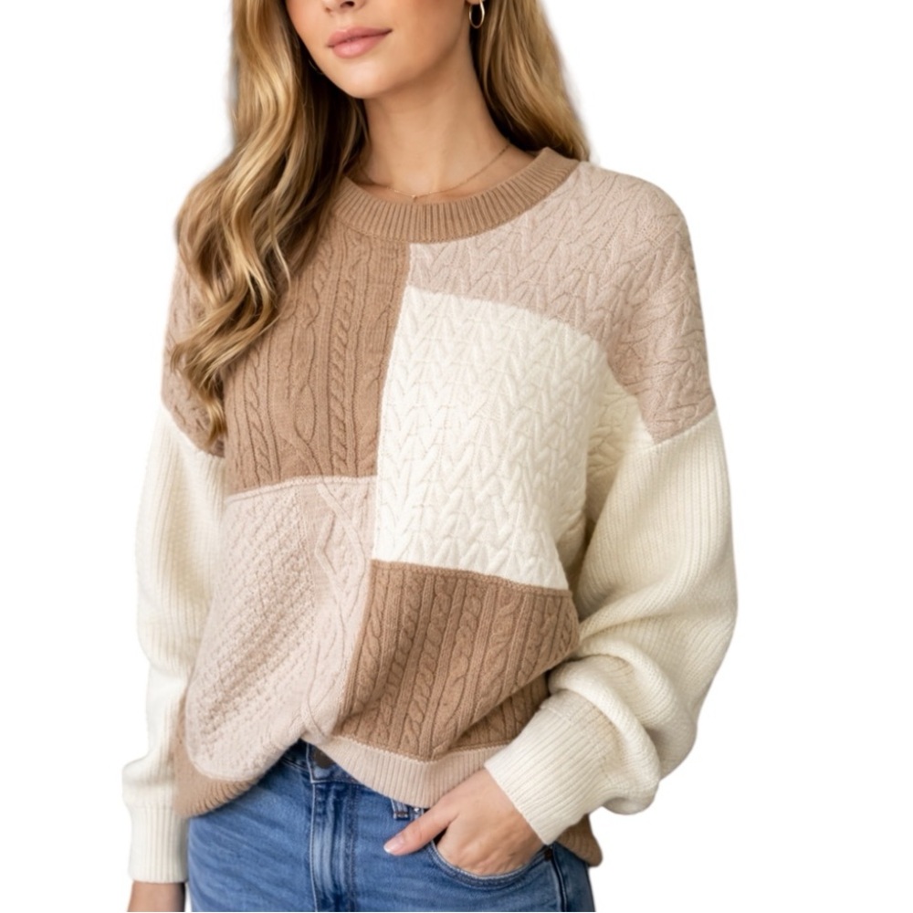 Lands’ End Cable Knit Patchwork Sweater Women Mp … - image 1